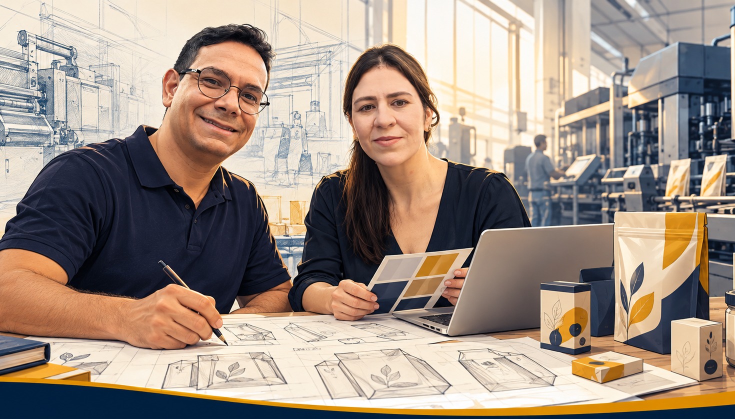 Equipe da LRP Botta em uma linha de produção: desenhos técnicos de embalagem, cartela de cores e embalagens de papel cartão sobre a mesa, com sachês seguindo na esteira ao fundo